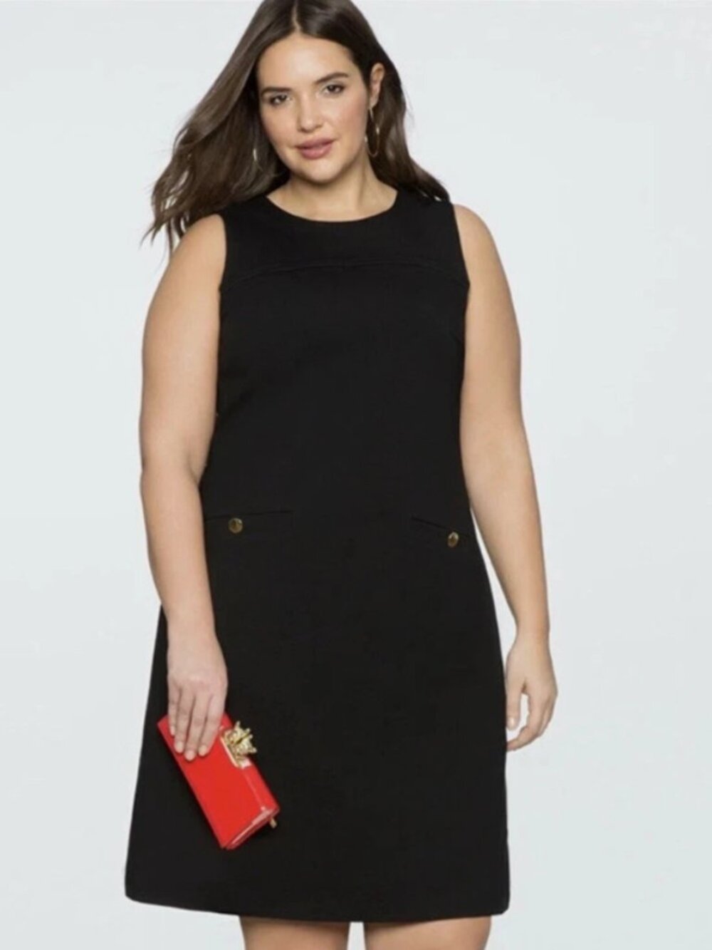 Eloquii SZ 20 LBD Black Sleeveless Shift Dress Gold Button Pocket Career Classic